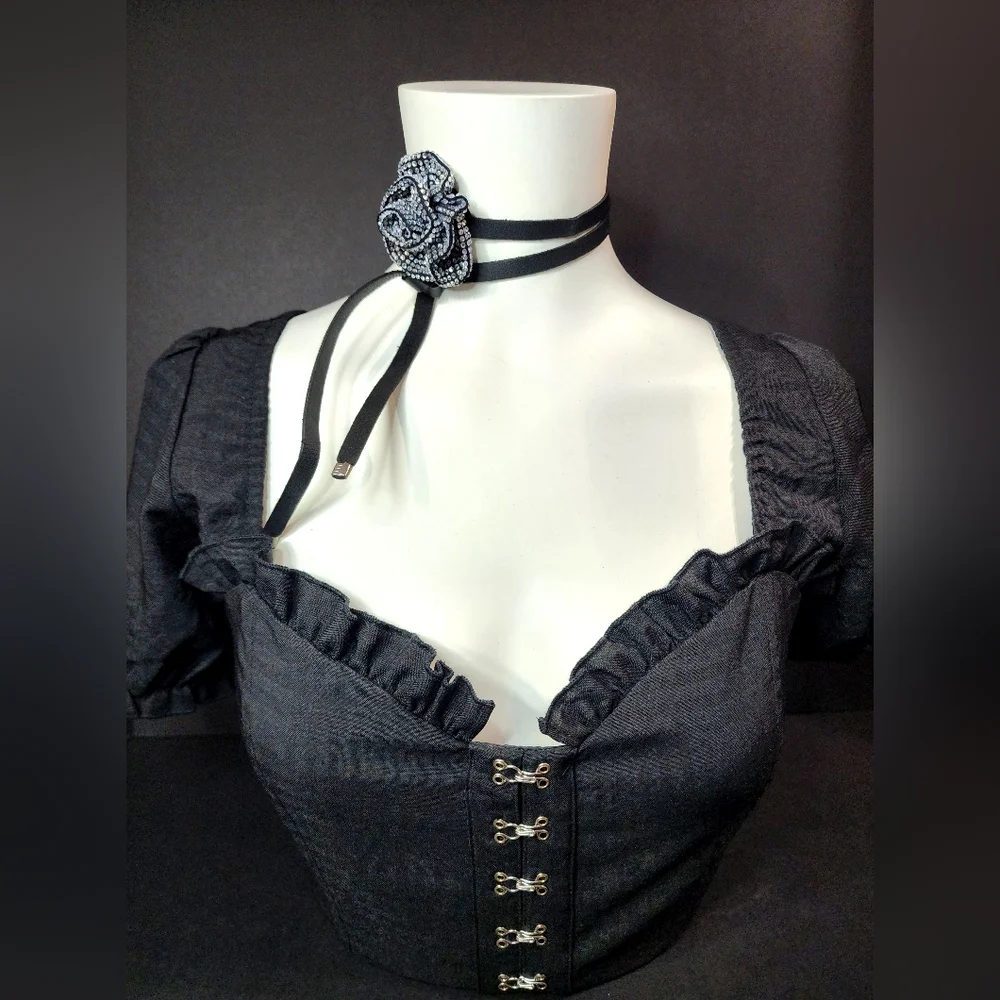 Black Rhinstone Rose Long Wrap Choker Necklace